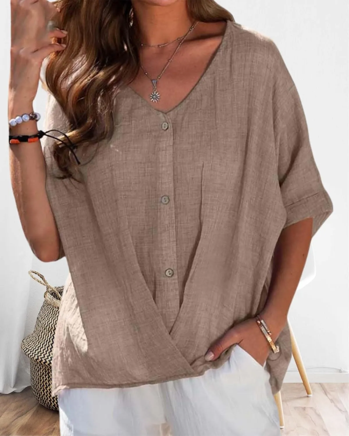 Womens Button Down Cotton Linen Shirts Summer Casual V Neck Short Sleeve Loose Tee Shirt Vintage Solid Blouse Work Tops
