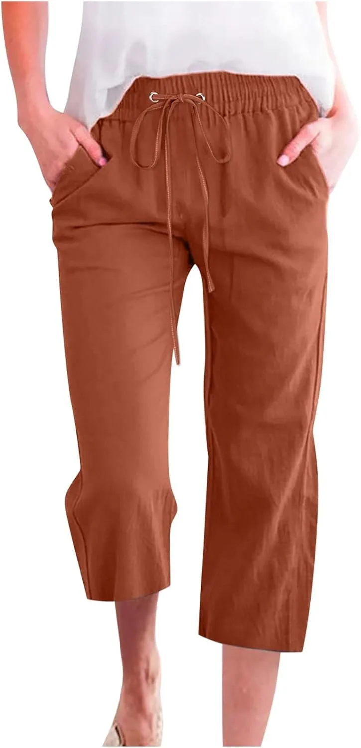 Womens Capri Yoga Pants Wide Leg Fashion Drawstring Elastic Trousers Comfy Straight Leg Long Pants with Pocket Casual