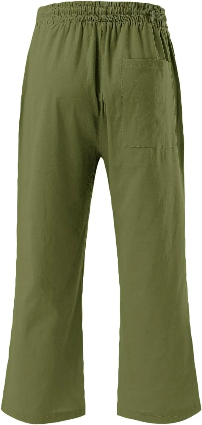Womens Capris Pants Wide Leg Pants Drawstring Elastic Trousers Comfy Straight Leg Long Womens Linen Boho Capris