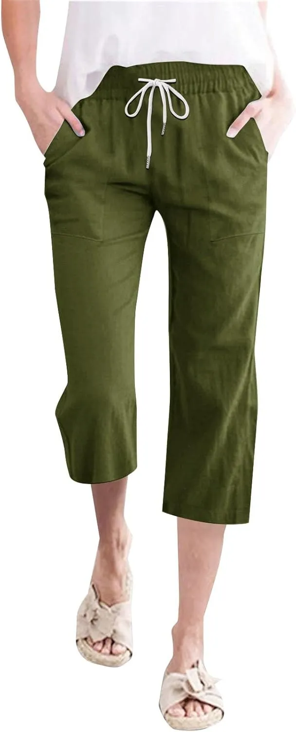 Womens Capris Pants Wide Leg Pants Drawstring Elastic Trousers Comfy Straight Leg Long Womens Linen Boho Capris