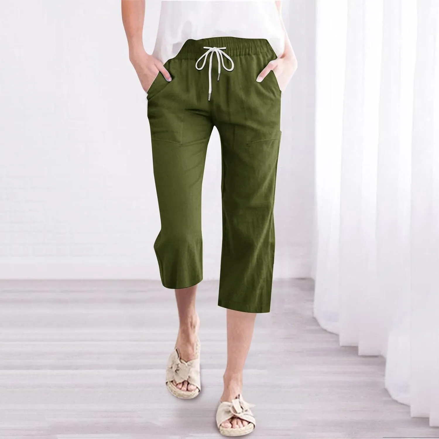 Womens Capris Pants Wide Leg Pants Drawstring Elastic Trousers Comfy Straight Leg Long Womens Linen Boho Capris