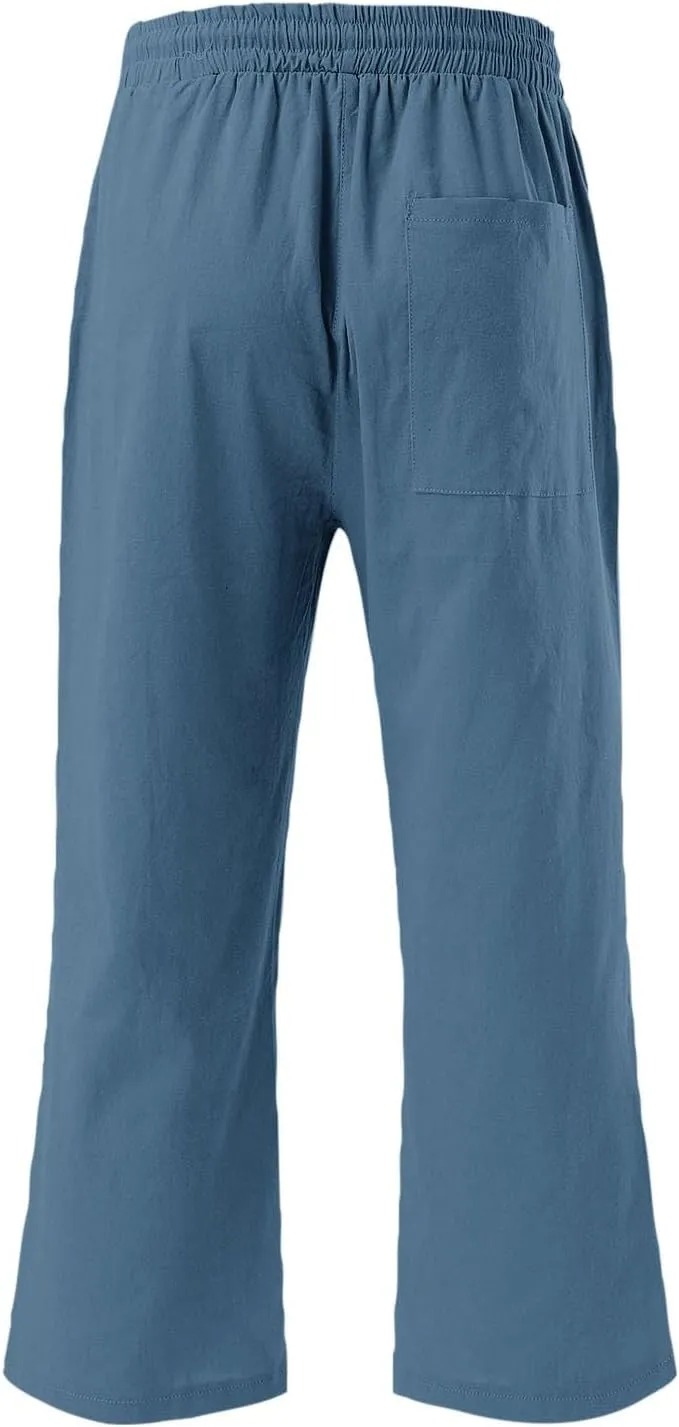 Womens Capris Pants Wide Leg Pants Drawstring Elastic Trousers Comfy Straight Leg Long Womens Linen Boho Capris