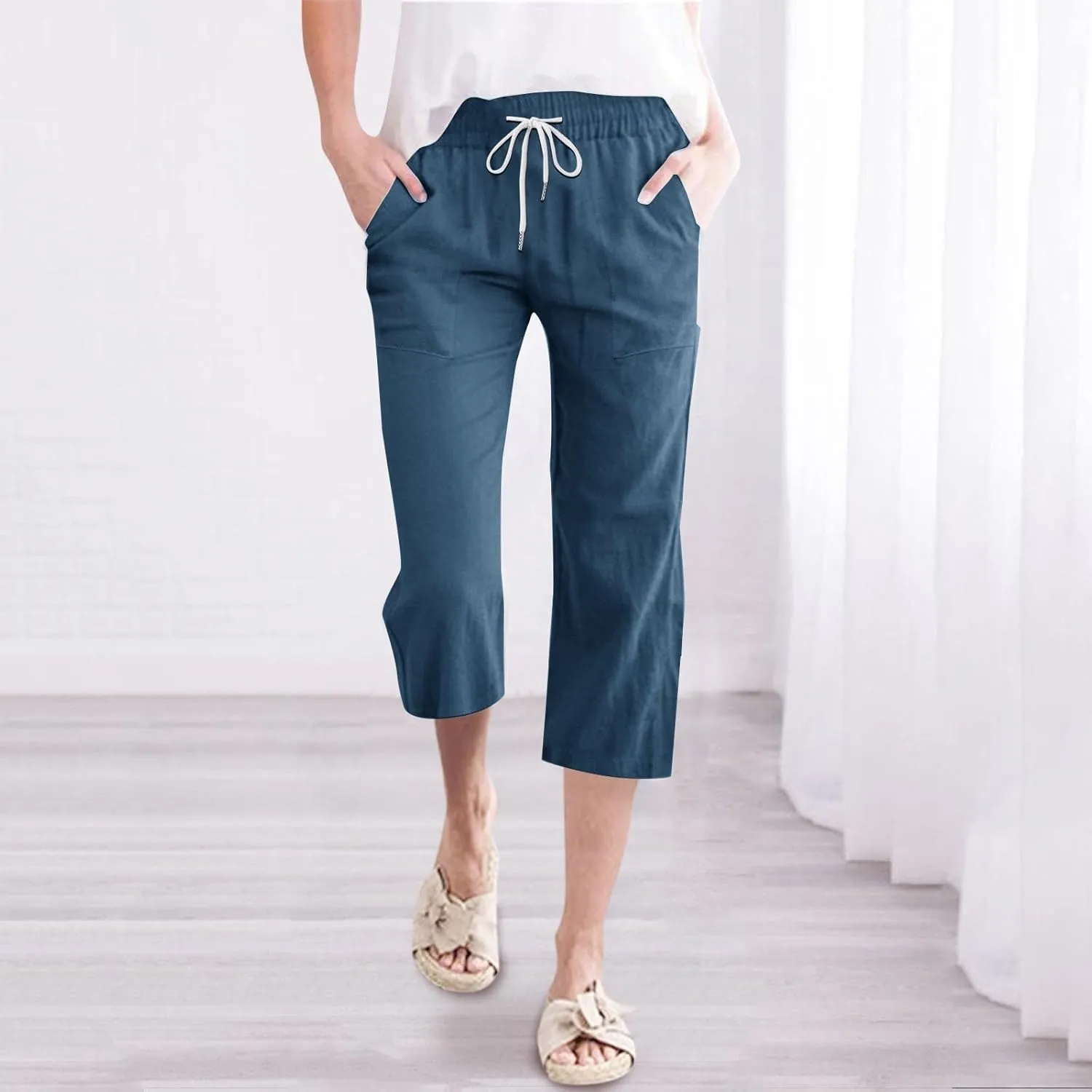 Womens Capris Pants Wide Leg Pants Drawstring Elastic Trousers Comfy Straight Leg Long Womens Linen Boho Capris