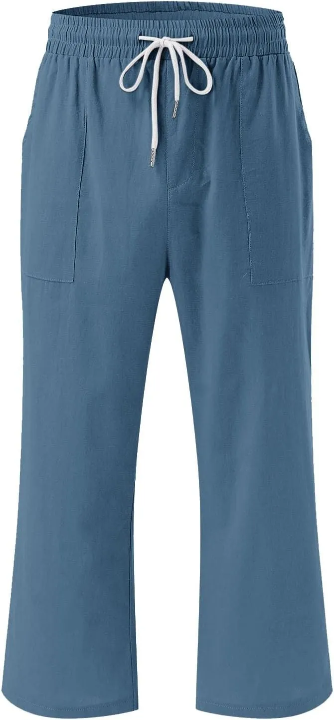 Womens Capris Pants Wide Leg Pants Drawstring Elastic Trousers Comfy Straight Leg Long Womens Linen Boho Capris