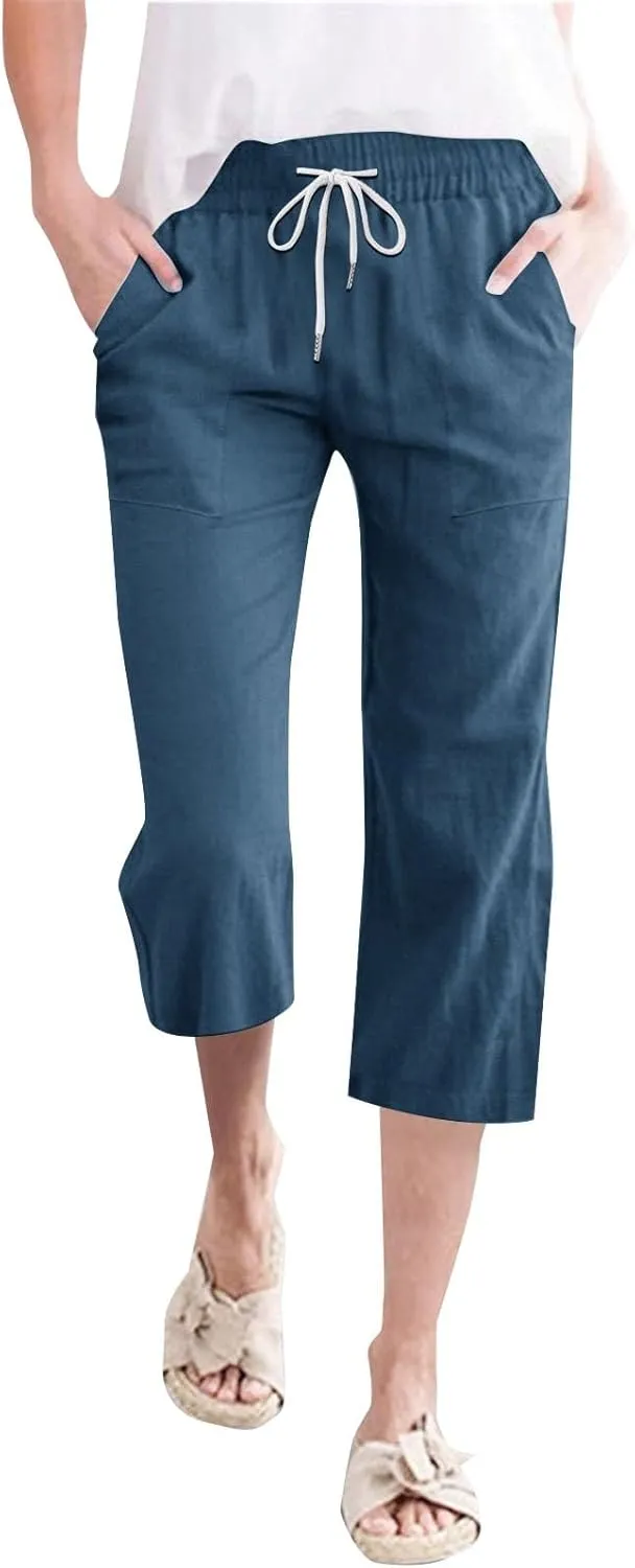 Womens Capris Pants Wide Leg Pants Drawstring Elastic Trousers Comfy Straight Leg Long Womens Linen Boho Capris