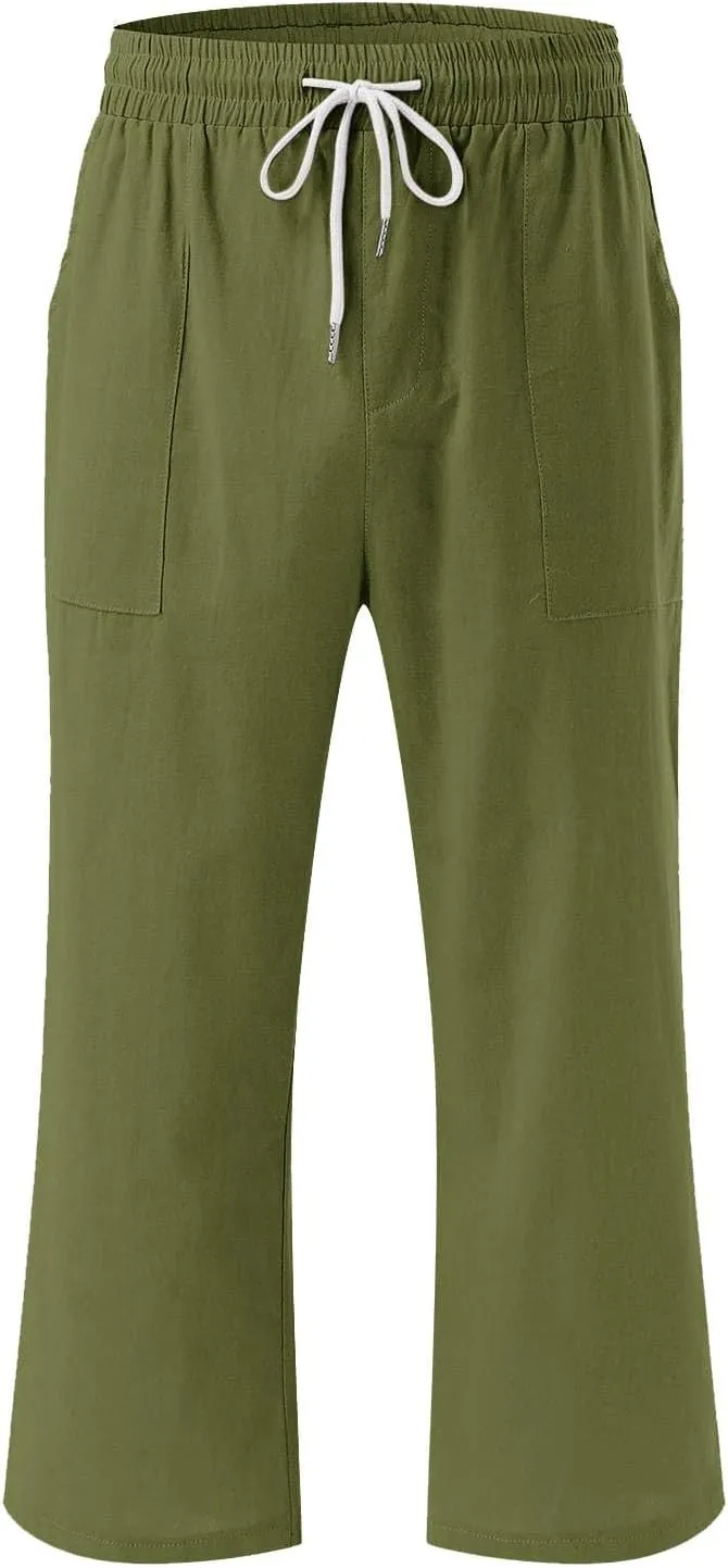 Womens Capris Pants Wide Leg Pants Drawstring Elastic Trousers Comfy Straight Leg Long Womens Linen Boho Capris