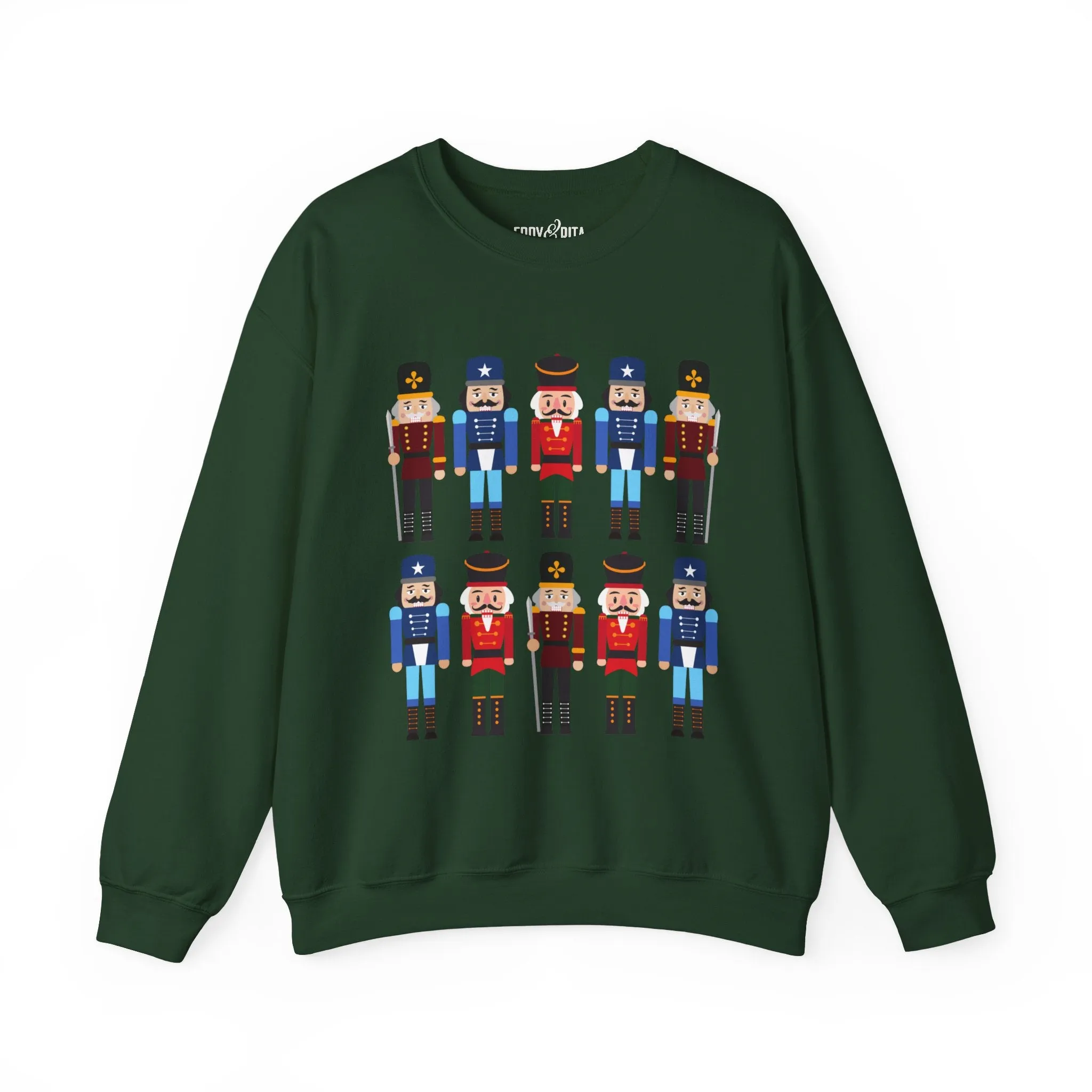 Women's Heavy Sweatshirt – "10 Nutcrackers" Festive Christmas Graphic Sweatshirt