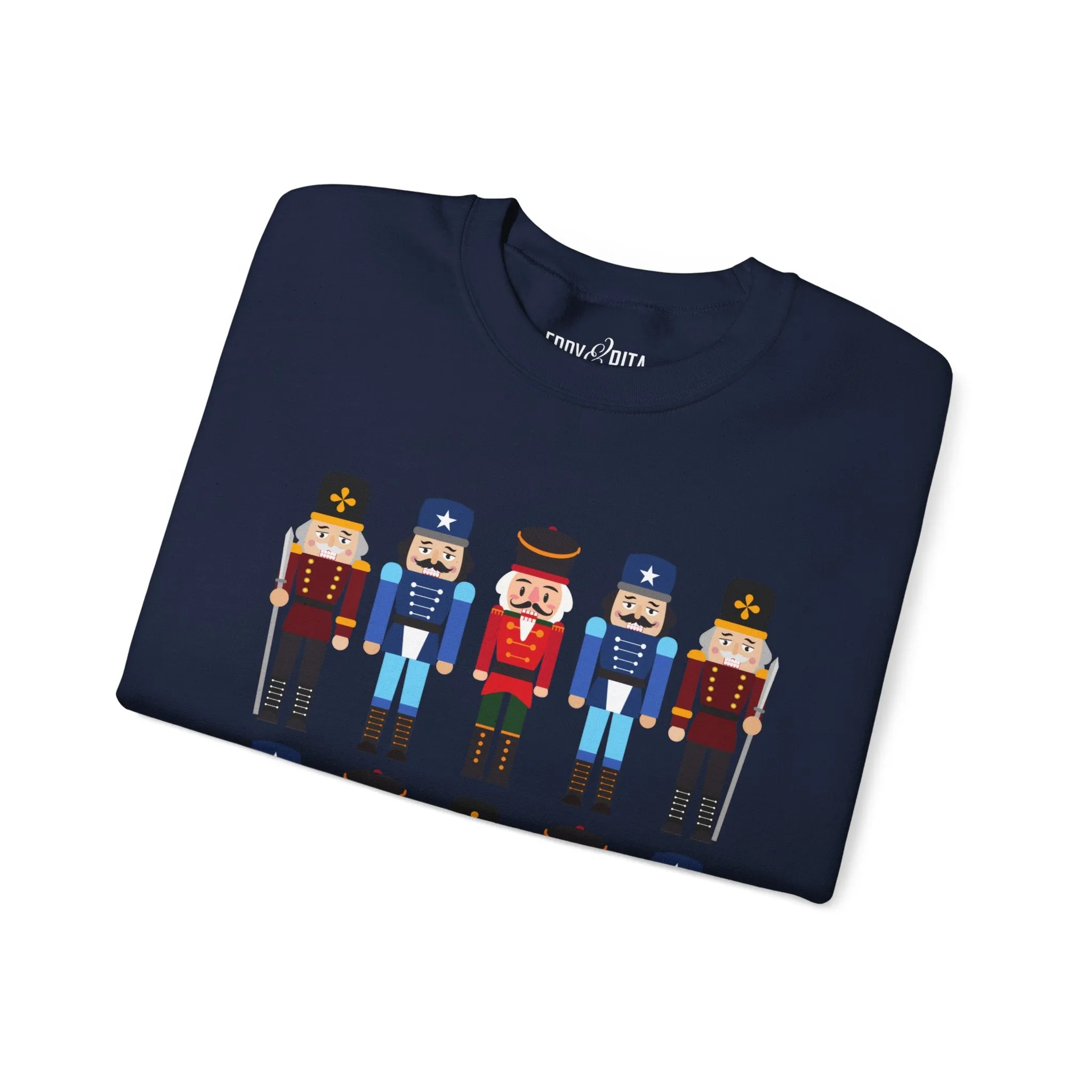 Women's Heavy Sweatshirt – "10 Nutcrackers" Festive Christmas Graphic Sweatshirt