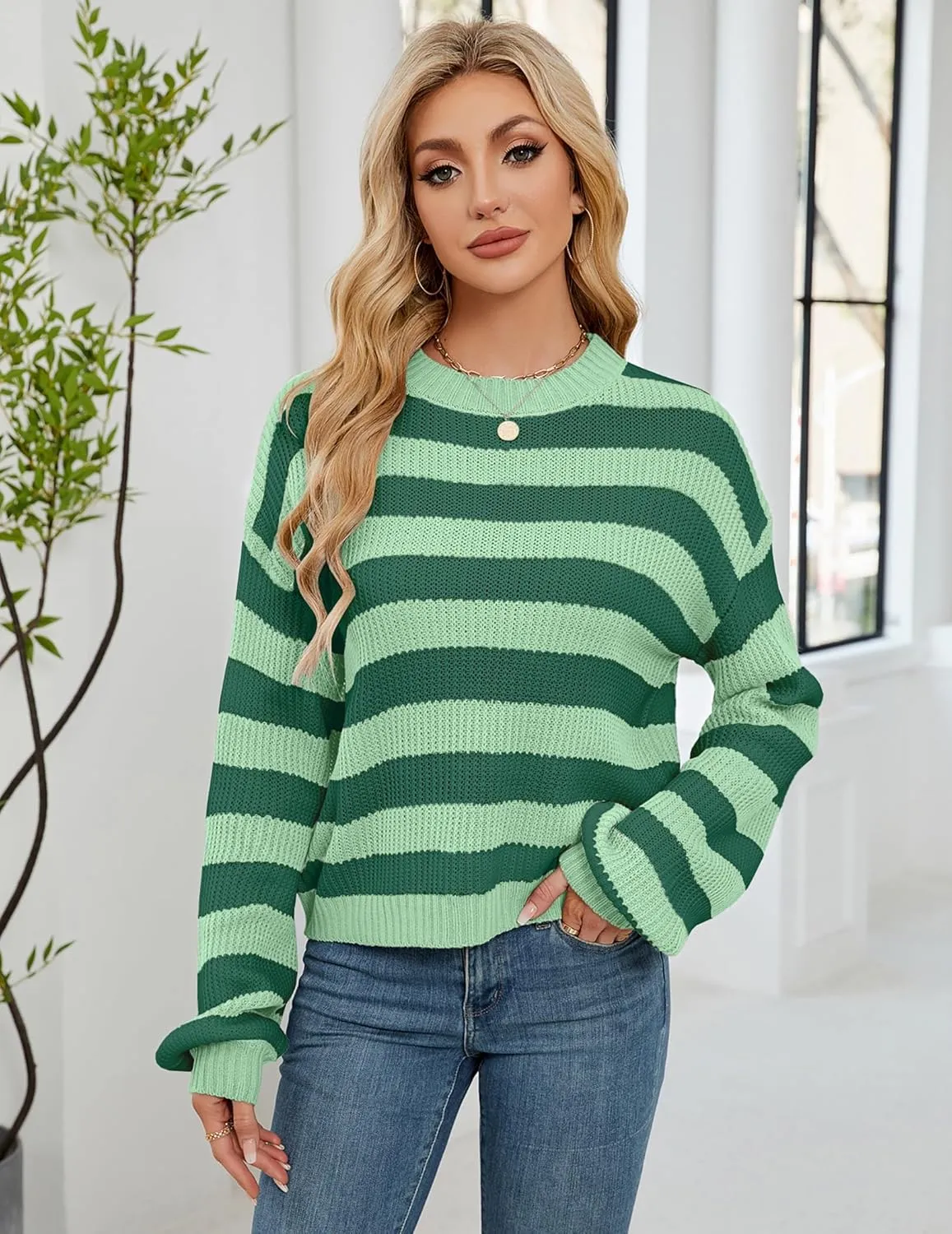 Womens Oversized Lightweight Cute Striped Cropped Sweater Spring 2025 Knitted Crew Neck Thin Crop Pullover Tops