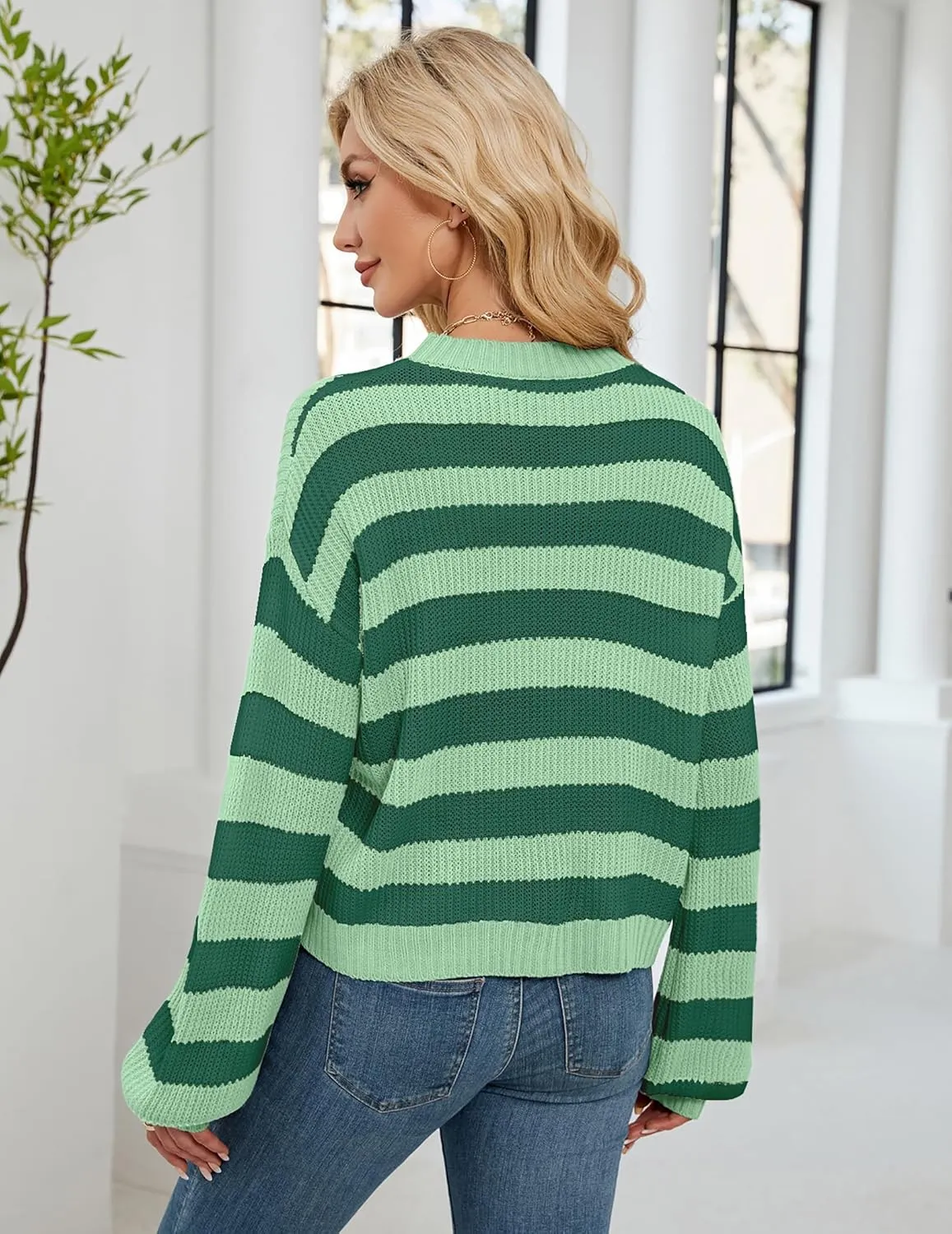 Womens Oversized Lightweight Cute Striped Cropped Sweater Spring 2025 Knitted Crew Neck Thin Crop Pullover Tops