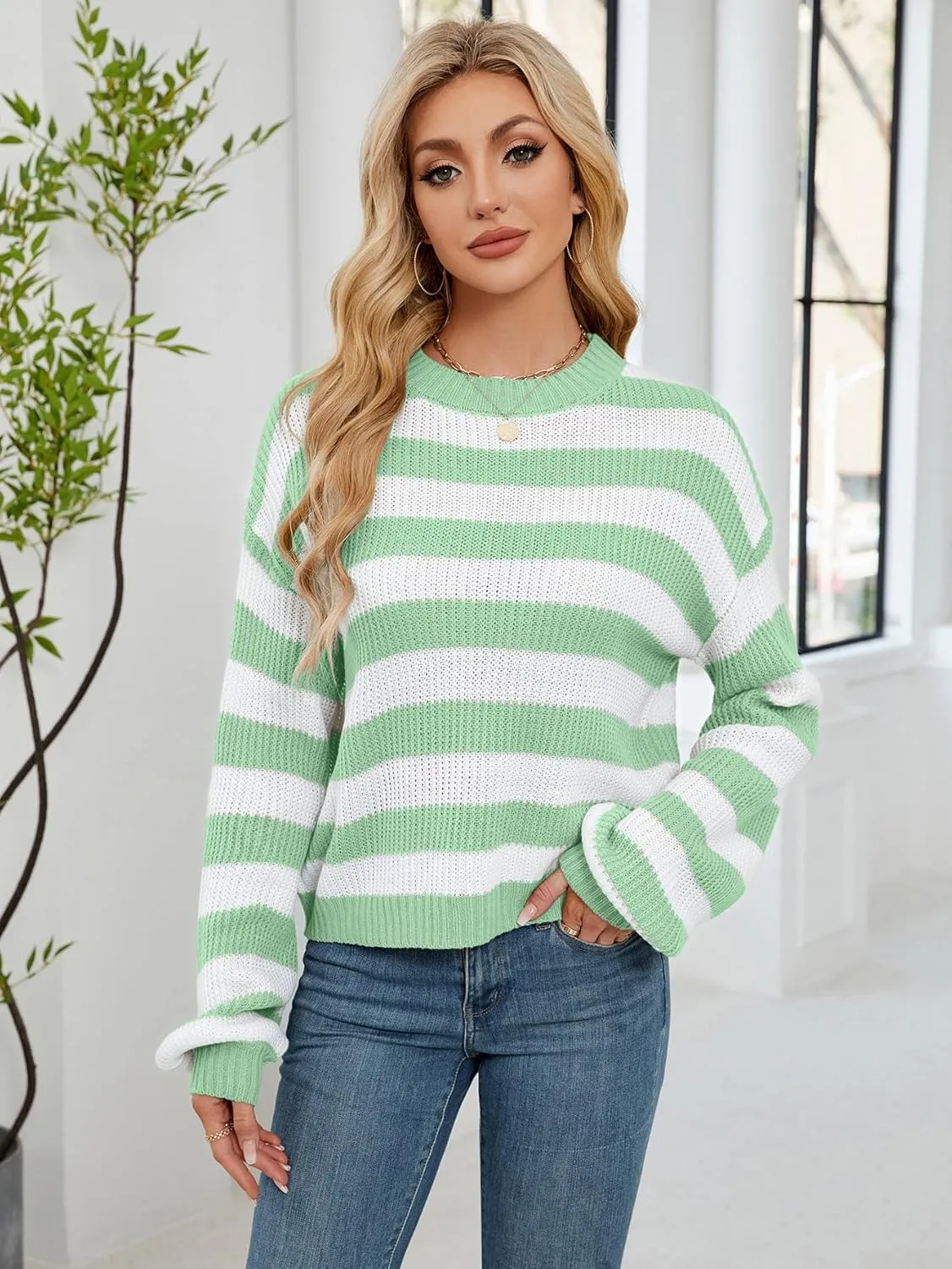 Womens Oversized Lightweight Cute Striped Cropped Sweater Spring 2025 Knitted Crew Neck Thin Crop Pullover Tops