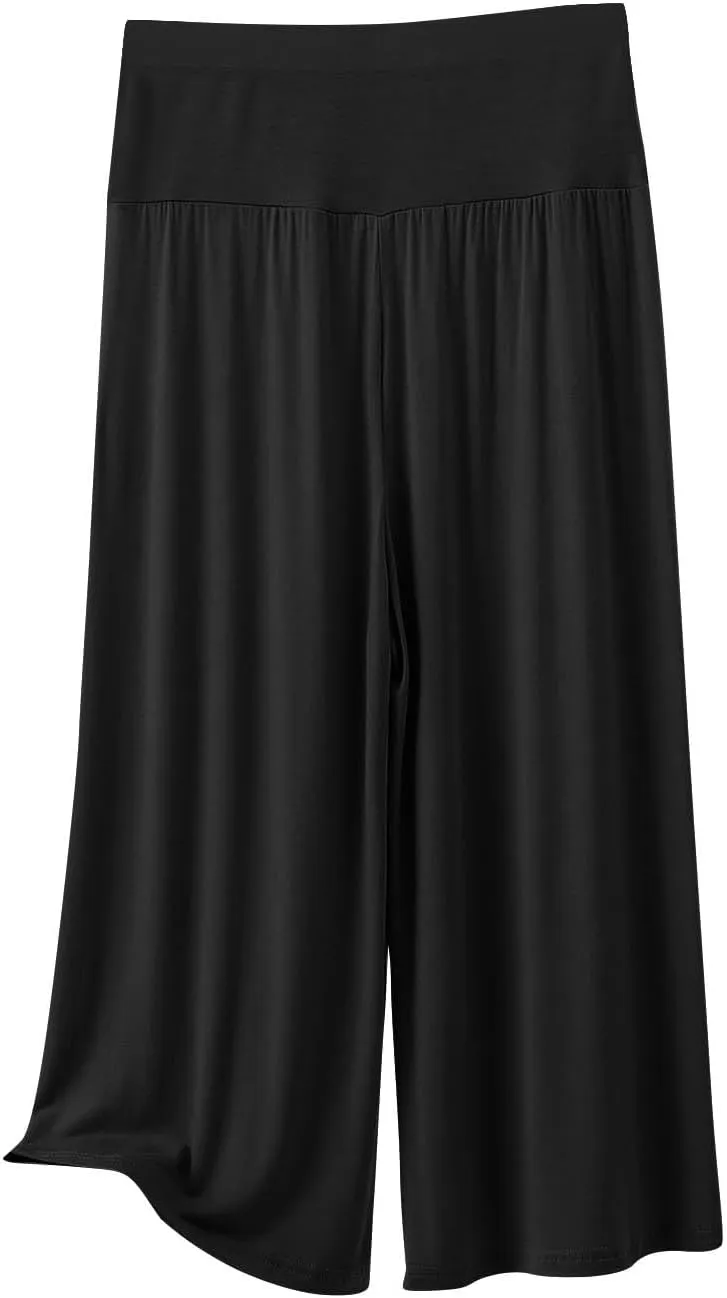 Womens Pleated Capri Pants Casual Elastic Waisted Baggy Comfy Trousers Solid Color Lightweight Home Capris