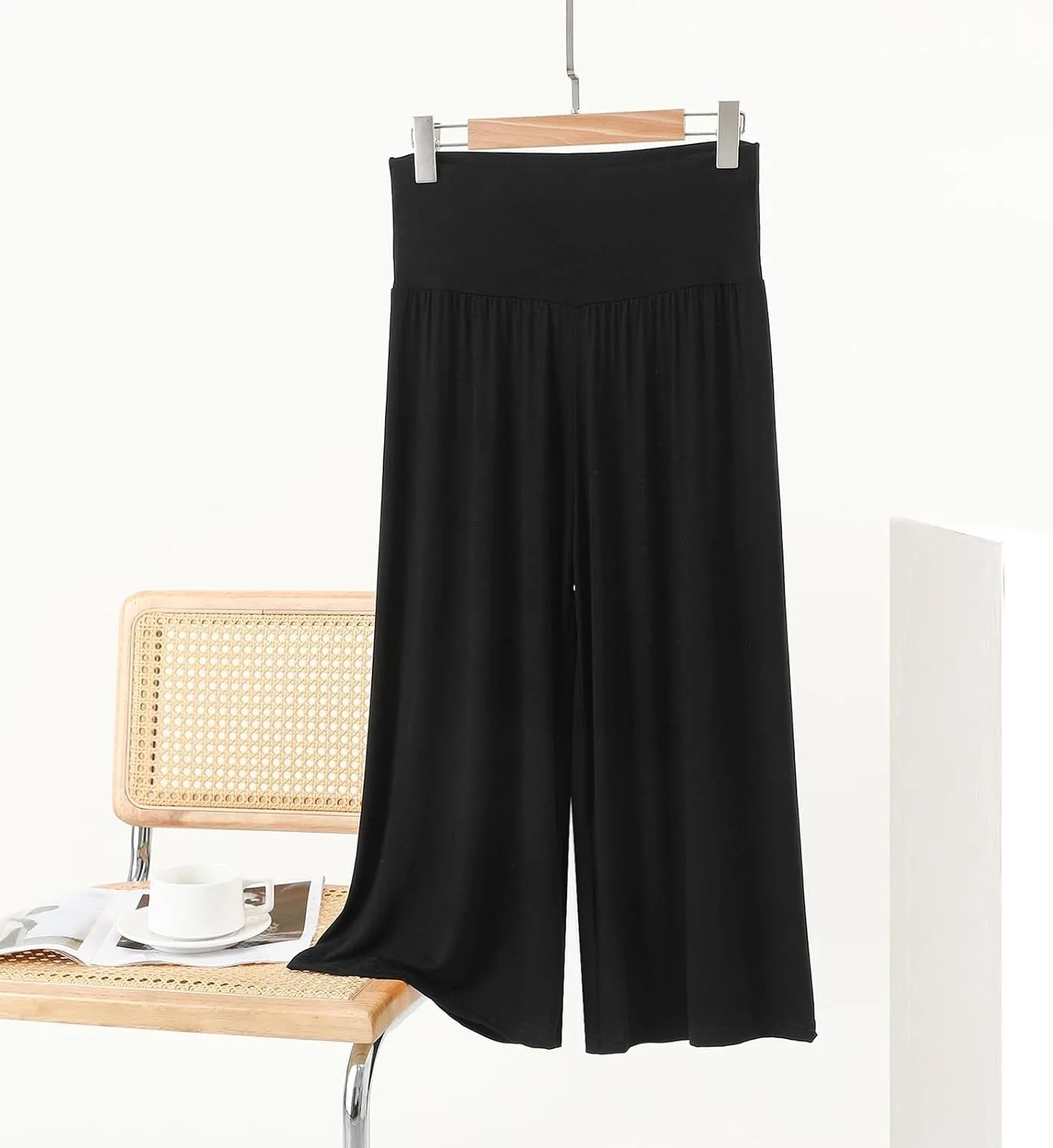 Womens Pleated Capri Pants Casual Elastic Waisted Baggy Comfy Trousers Solid Color Lightweight Home Capris
