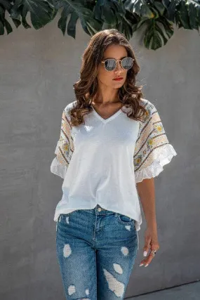 Women's V-Neck Ruffle Short Sleeve Boho Top