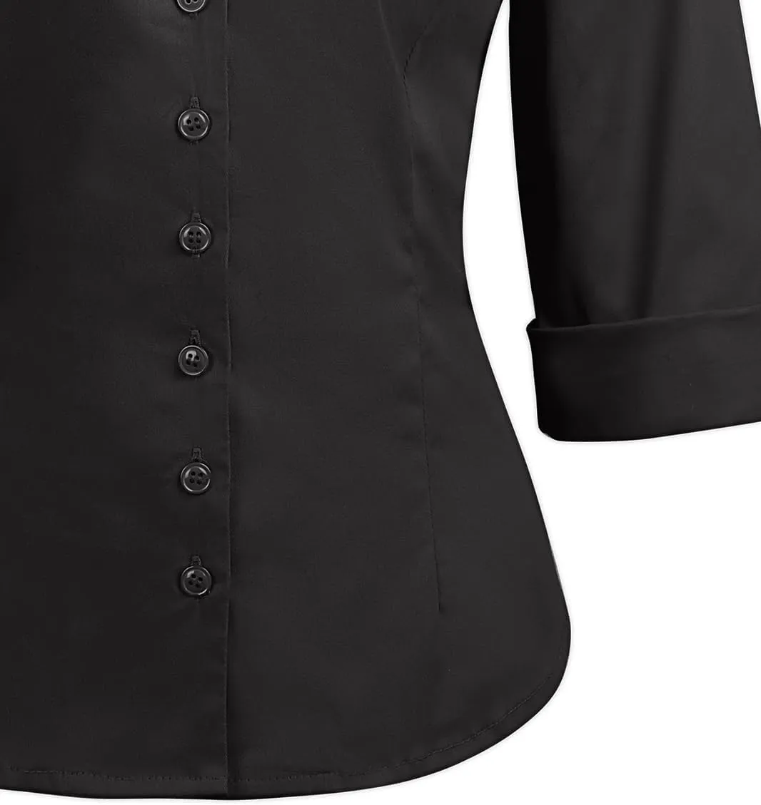 YARN & INK Women's Solid Classic-Fit Casual Blouses Button Down 3/4 Sleeve Dress Shirt 1950s Retro Elegant Work Office Tops