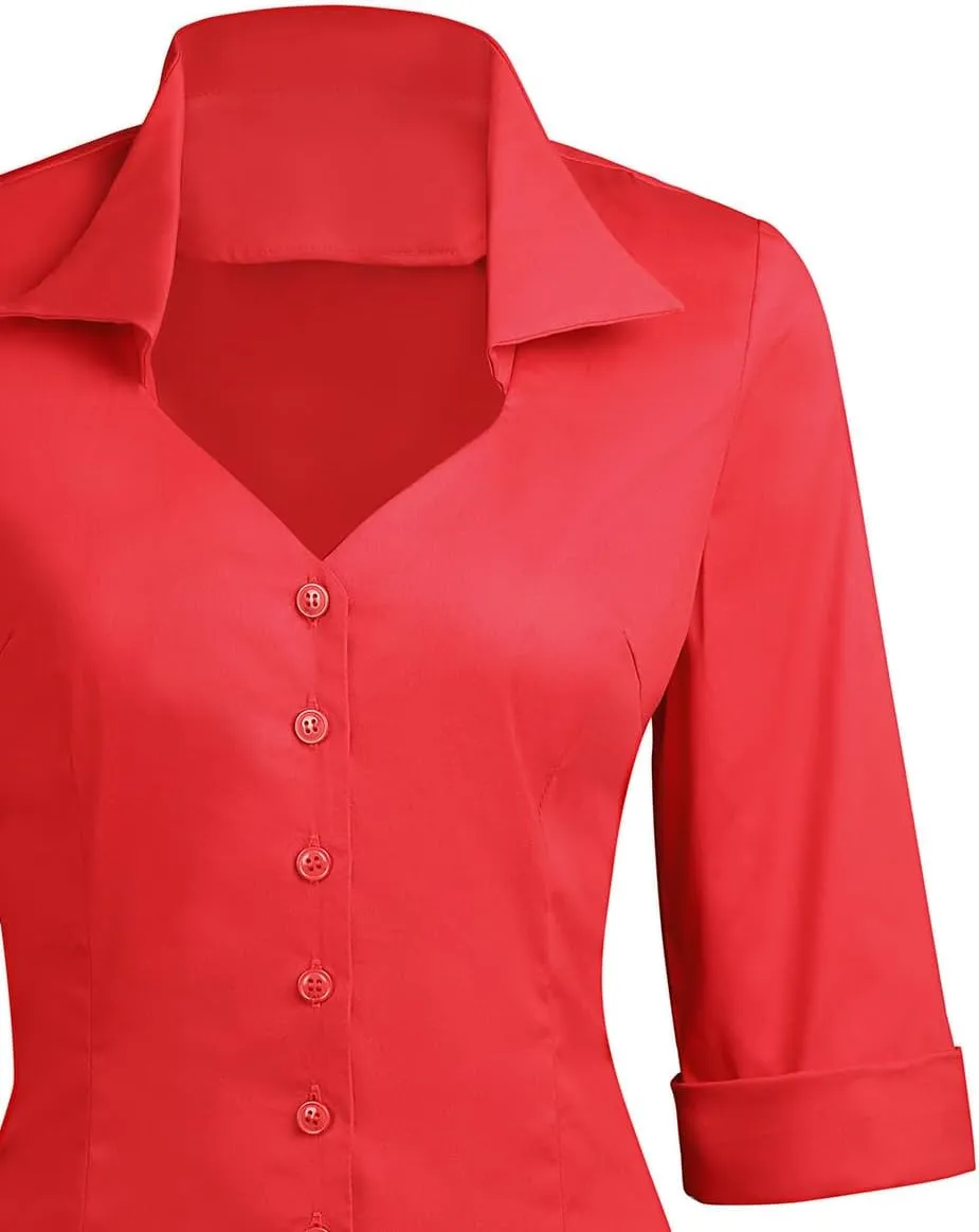 YARN & INK Women's Solid Classic-Fit Casual Blouses Button Down 3/4 Sleeve Dress Shirt 1950s Retro Elegant Work Office Tops