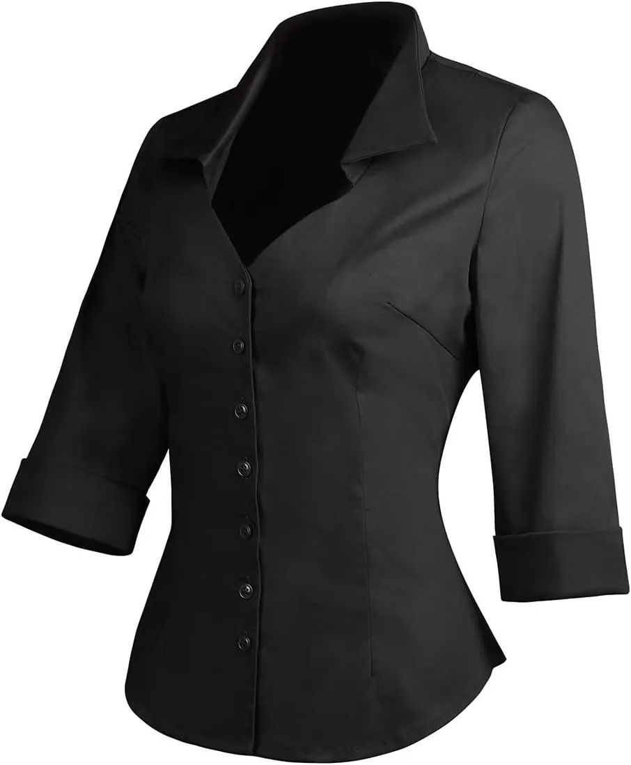 YARN & INK Women's Solid Classic-Fit Casual Blouses Button Down 3/4 Sleeve Dress Shirt 1950s Retro Elegant Work Office Tops
