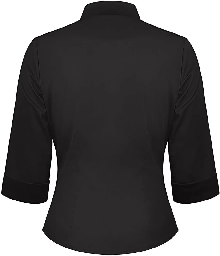 YARN & INK Women's Solid Classic-Fit Casual Blouses Button Down 3/4 Sleeve Dress Shirt 1950s Retro Elegant Work Office Tops