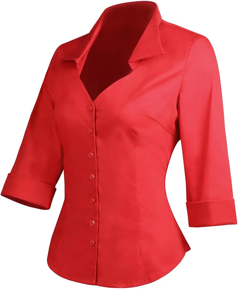 YARN & INK Women's Solid Classic-Fit Casual Blouses Button Down 3/4 Sleeve Dress Shirt 1950s Retro Elegant Work Office Tops