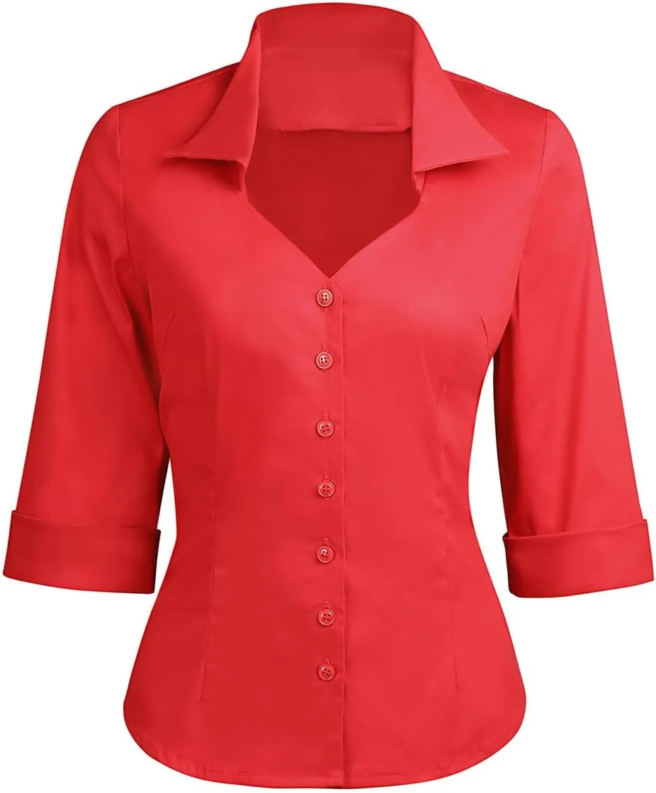 YARN & INK Women's Solid Classic-Fit Casual Blouses Button Down 3/4 Sleeve Dress Shirt 1950s Retro Elegant Work Office Tops
