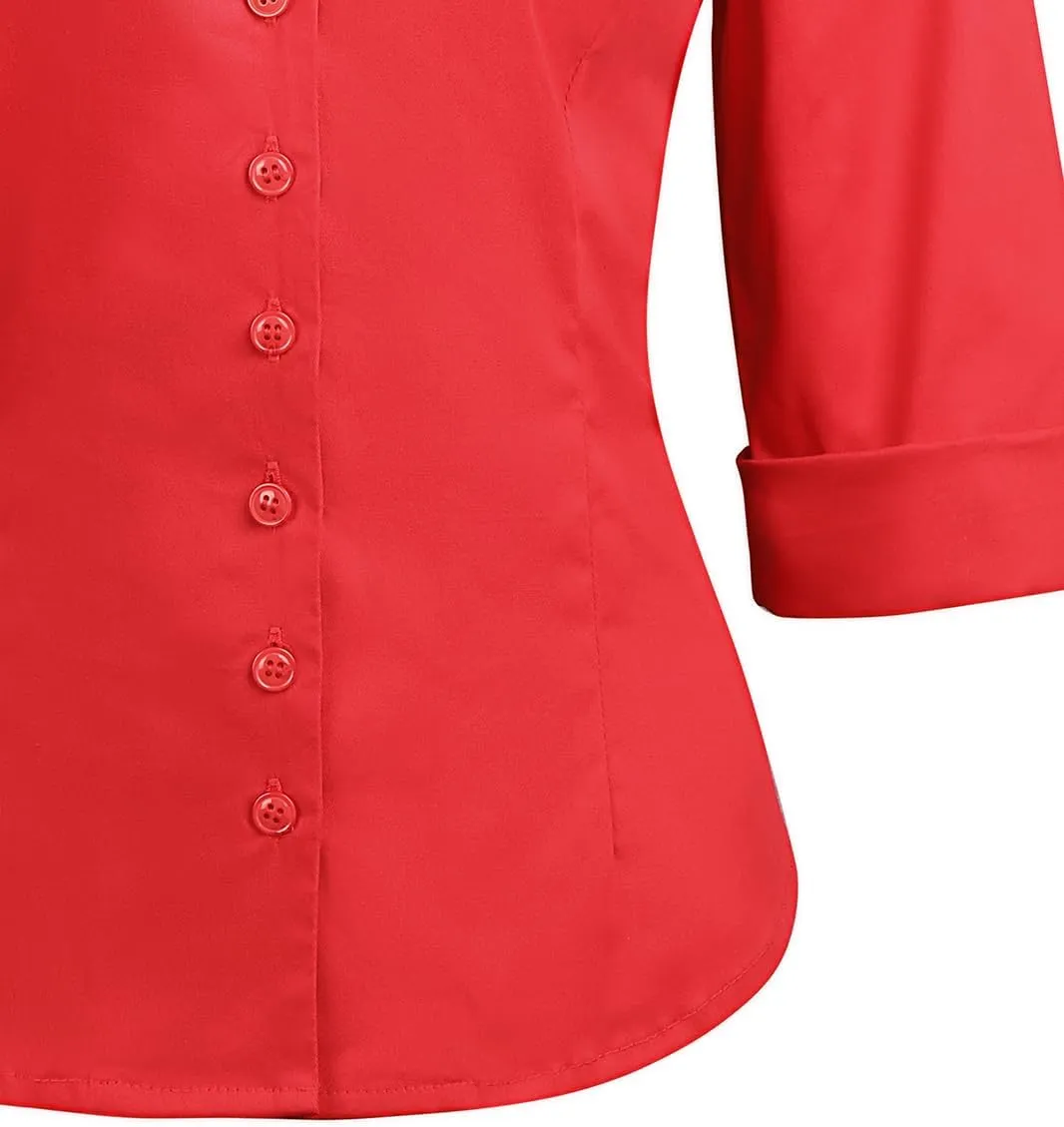 YARN & INK Women's Solid Classic-Fit Casual Blouses Button Down 3/4 Sleeve Dress Shirt 1950s Retro Elegant Work Office Tops