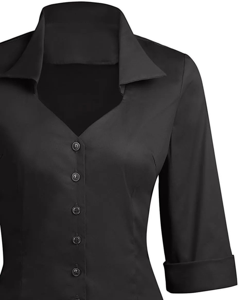 YARN & INK Women's Solid Classic-Fit Casual Blouses Button Down 3/4 Sleeve Dress Shirt 1950s Retro Elegant Work Office Tops
